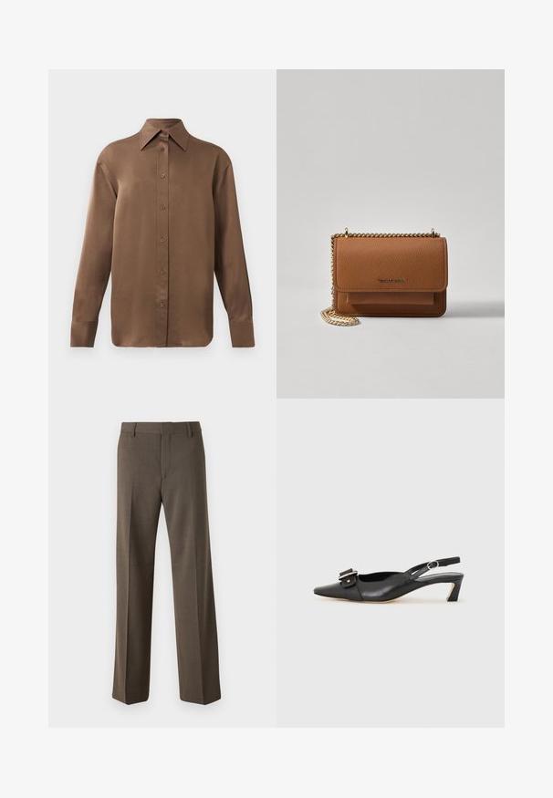 Barna, hosszúujjú, gombos ing, hegyes gallérral és mandzsettákkal, egyszerű fehér háttér előtt kiemelve.; Barna, személyre szabott nadrág lapos elülső résszel és egyenes lábformával, egyszerű derékkal. Simá szövetből készült, klasszikus megjelenést biztosít.; Fekete bőr szandál kis sarkú, hegyes orral, díszes csattal a felsőrészen. Simább textúra, minimalista design.; Barna textúrájú bőr keresztbody táska arany lánc pánttal és fedélzárral. Az elején logó részlet és egy zseb található a fedél alatt.