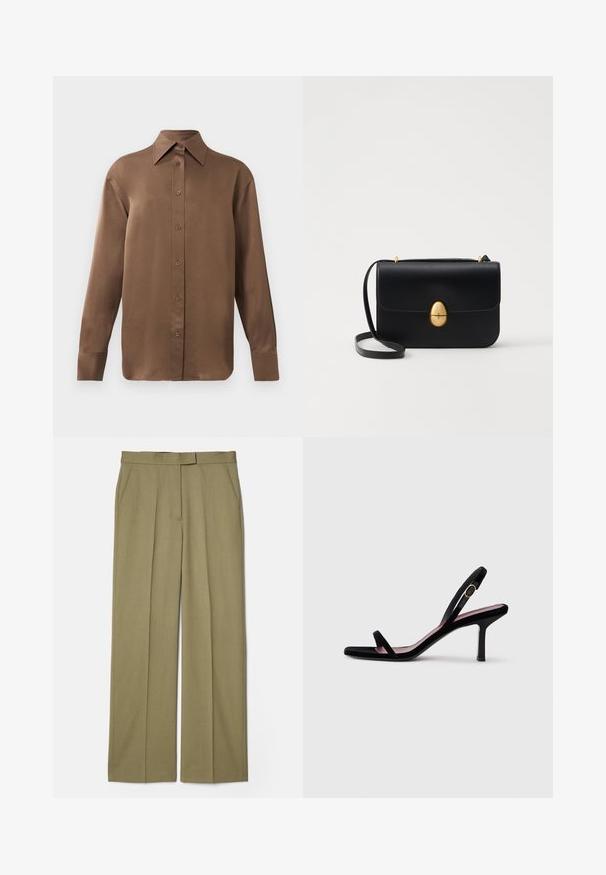 Brown long-sleeve button-up shirt with pointed collar and cuffs, displayed against a plain white background.; Khaki pleated trousers with a straight-leg design, made of textured fabric, featuring two side pockets and a smooth waistband.; Black suede women's high-heeled sandal with slim straps and a gold buckle on a white background, side view.; Black leather handbag with a structured rectangular shape. Features a golden oval clasp and a thin shoulder strap. Smooth texture.