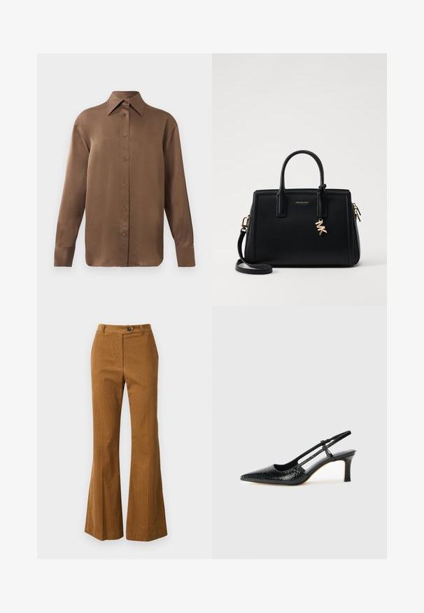 Brown long-sleeve button-up shirt with pointed collar and cuffs, displayed against a plain white background.; Brown flared trousers made of textured fabric, featuring a button closure and a clean waistband design.; Black patent slingback heel with a pointed toe, featuring textured snake print, adjustable strap, and a short, textured block heel.; Black leather handbag with structured design, dual top handles, detachable shoulder strap, gold hardware, and a logo charm accent.