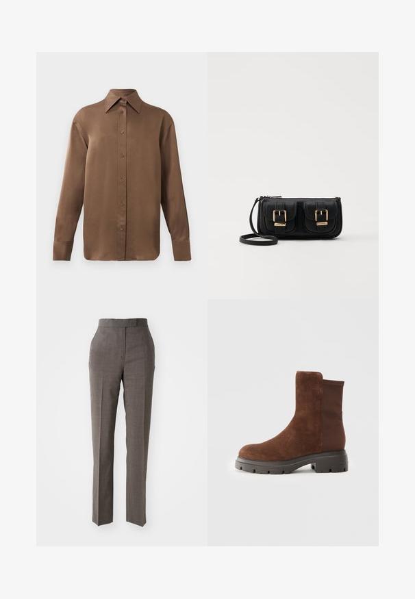 Brown long-sleeve button-up shirt with pointed collar and cuffs, displayed against a plain white background.; Gray tailored trousers with a straight leg, textured fabric, mid-rise waist, and two front pockets. No visible fastenings or patterns.; Brown suede ankle boot with elastic side panels, rounded toe, and a thick rubber sole featuring a textured tread pattern.; Black leather crossbody bag with two front pockets, gold buckles, zipper closure, and a slim strap. Textured surface and compact rectangular shape.