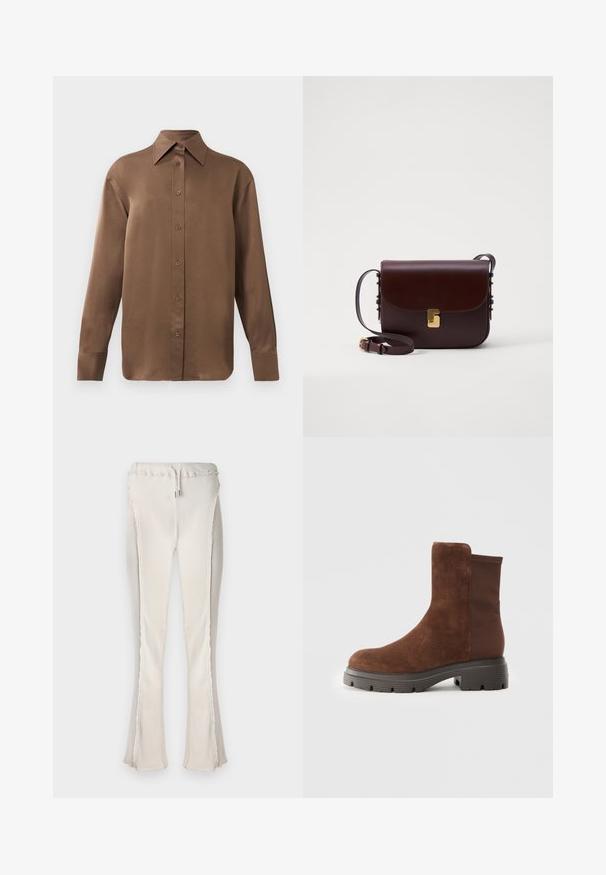 Brun långärmad skjorta med knäppning, spettdetalj på kragen och manschetterna, uppvisad mot en vit bakgrund.; Ljust beige utsvängda byxor med ribbad textur, utrustade med dragsko i midjan och råa kanter längs sidsömmarna och nederkanten.; Brun mocka ankelboot med elastiska sidopaneler, rund tå, och en tjock gummisole med en texturerad mönster.; Brun läderväska med lockstängning, guldfärgade detaljer och en justerbar rem. Har en slät yta och en elegant rektangulär form.