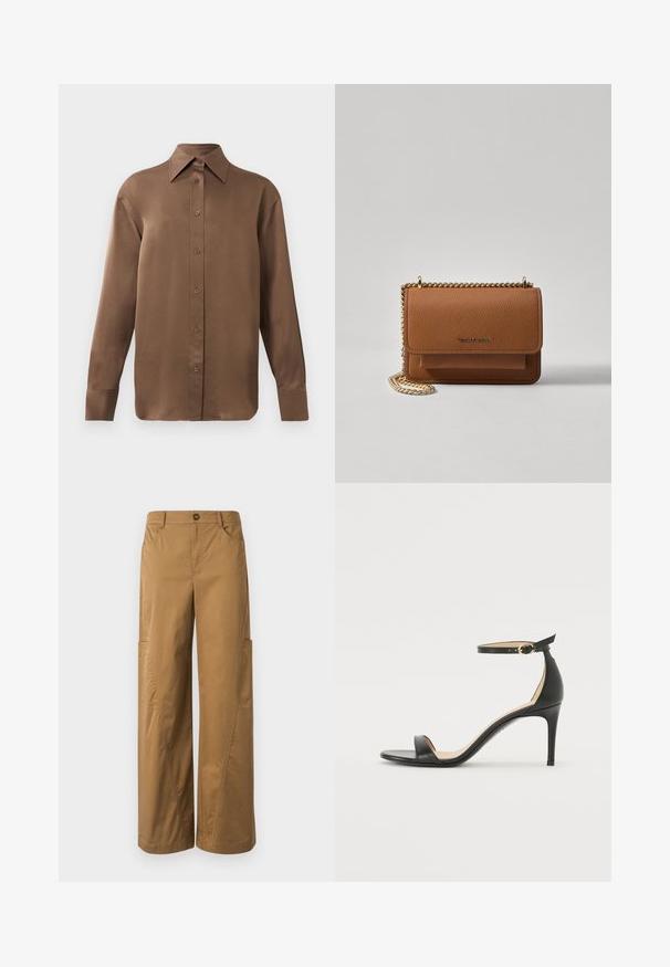 Cămașă lungă cu mânecă, de culoare maro, cu guler și manșete ascuțite, prezentată pe un fundal alb simplu.; Pantaloni largi maro din bumbac, cu închidere cu nasture, buzunare laterale și detalii de cusătură vizibile.; Sandale cu toc înalt din piele neagră, cu barete pentru glezne. Prezintă o textură netedă, vârf deschis și un toc subțire. Detalii cu cataramă de culoare aurie.; Geantă crossbody din piele texturată maro, cu curea din lanț aurit și închidere cu clapetă. Partea din față prezintă detalii cu logo și o buzunar sub clapetă.