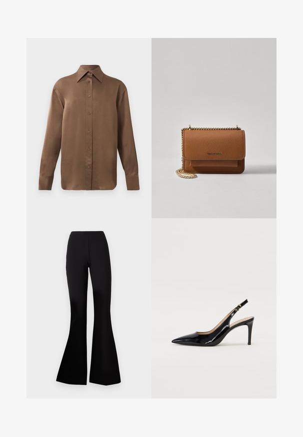 Ruda ilgų rankovių marškiniai su sagomis ir smailiais apykakle bei rankogaliais, išdėstyti prieš paprastą baltą foną.; Diane von Furstenberg GREGORY PANTS - Kelnės - black; Juodas lakinės odos slingback batelis su smailiu nosiu, plonu kulnu ir subtiliu išpjovos dizainu. Yra auksinė sagtis ant dirželio.; Ruda tekstūruota odinė per petį nešama rankinė su auksiniu grandininiu dirželiu ir užlenkiamo užsegimo. Priekinėje pusėje yra logotipo detalė ir kišenė po užlenkimu.