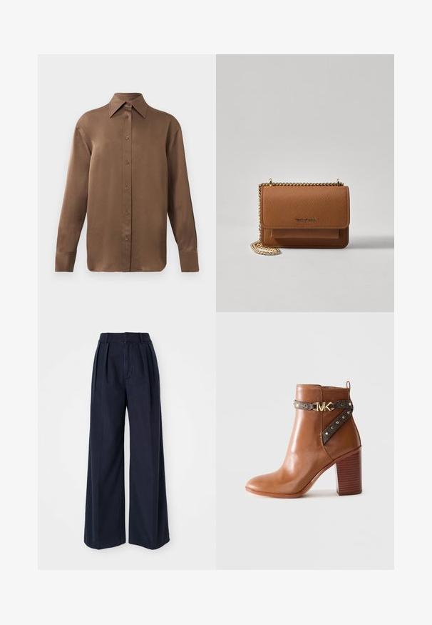 Barna, hosszúujjú, gombos ing, hegyes gallérral és mandzsettákkal, egyszerű fehér háttér előtt kiemelve.; Sötét tengerészkék, bő szárú vászontartó nadrág, elöl pliszékkel, magas derékkal, cipzáras felsőrésszel és gombos záródással.; barna bőr boka csizma, stílusos tömbsarkal, oldalszíj arany szegecsekkel és arany "MK" logós csattal.; Barna textúrájú bőr keresztbody táska arany lánc pánttal és fedélzárral. Az elején logó részlet és egy zseb található a fedél alatt.