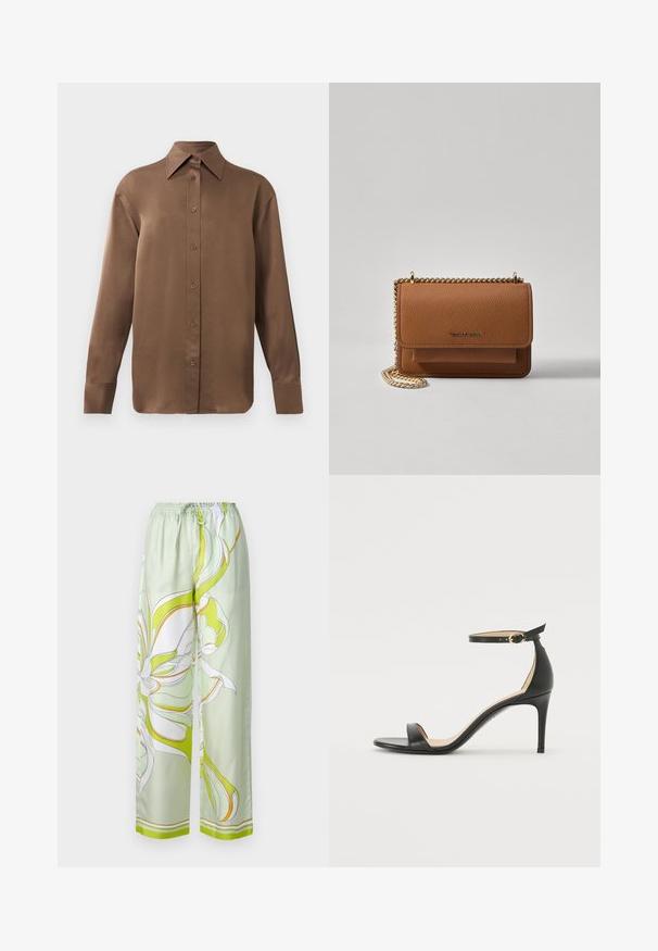 Hnědá košile s dlouhým rukávem, zapínaná na knoflíky, s špičatým límcem a manžetami, vystavená na jednobarevném bílém pozadí.; Satinové zelené kalhoty s květinovým vzorem v bílé a žluté, elastickým pasem, širokými nohavicemi a hladkou texturou.; Černá kožená sandálová bota na vysokém podpatku s páskem kolem kotníku. Vyznačuje se hladkým povrchem, otevřenou špičkou a tenkým podpatkem. Detail v zlatém tónu na sponě.; Hnědá texturovaná kožená kabelka přes rameno se zlatým řetízkovým popruhem a klopnovým uzavíráním. Přední strana obsahuje detail loga a kapsu pod klopou.