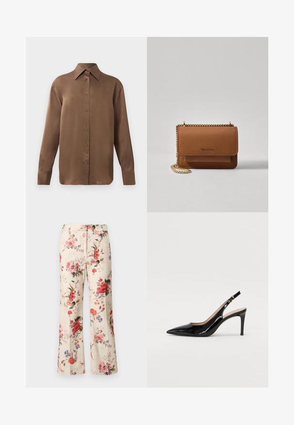 Hnedá košeľa s dlhým rukávom, so zapínaním na gombíky, s špicatým golierom a manžetami, vystavená na jednoduchom bielom pozadí.; WEEKEND MaxMara CADMIO - Nohavice - ivory; Čierne lakované kožené slingback lodičky s špicatou špičkou, štíhlým podpätkom a jemným výrezom. Obsahuje zlatú pracku na remienku.; Hnedá textúrovaná kožená taška cez telo s zlatým reťazovým popruhom a preklopným uzáverom. Predná strana obsahuje detail s logom a vrecko pod preklopkou.