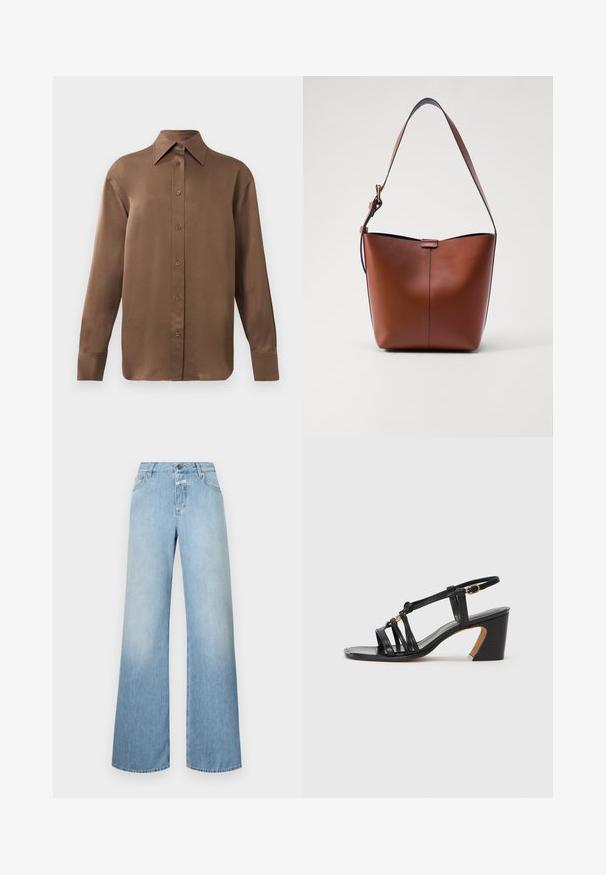 Camisa de botones de manga larga marrón con cuello y puños puntiagudos, exhibida sobre un fondo blanco liso.; Jeans de pernera ancha de color azul claro, fabricados en denim, con una cintura alta, cinco bolsillos y un cierre de botón. Textura suave con detalles desgastados.; Paul Smith AMIRA - Tacones - black; Bolso de hombro de cuero marrón con forma curva, textura suave y una única correa delgada. Presenta una costura sutil y un pequeño detalle del logo.