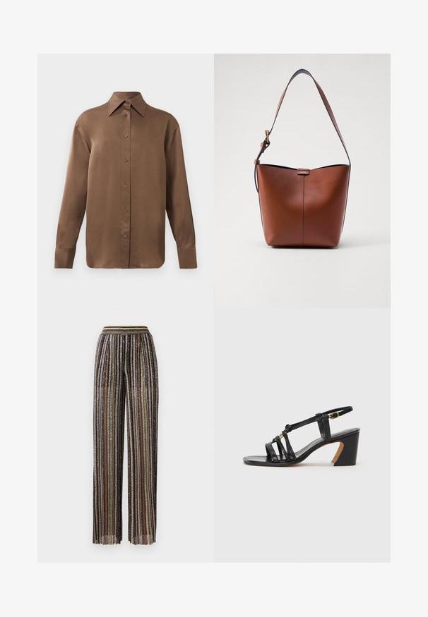 Ruda ilgų rankovių marškiniai su sagomis ir smailiais apykakle bei rankogaliais, išdėstyti prieš paprastą baltą foną.; Platūs kelnių modeliai su daugiaspalvėmis metalinėmis juostelėmis, turintys juodą pagrindą ir elastingą juosmenį su juostuotu dizainu.; Paul Smith AMIRA - Klasikiniai aukštakulniai - black; Ruda odinė petinė rankinė su kreivam formu, lygia tekstūra ir viena plona juosta. Yra švelni siūlė ir mažas logotipo elementas.