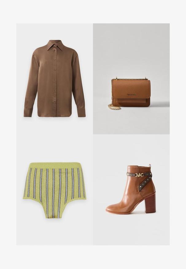 Ruda ilgų rankovių marškiniai su sagomis ir smailiais apykakle bei rankogaliais, išdėstyti prieš paprastą baltą foną.; Geltoni šonkačiai apatiniai su blizgiomis auksinėmis siūlėmis ir vertikaliomis mėlynomis bei rudomis juostomis. Turi platų elastingą juosmenį ir sklandų paviršių.; Ruda odinė kulkšninė batai su sluoksniuoto blokinio kulno, šonine dirželiu su auksiniais skaidriomis ir auksiniu "MK" logotipo sagtimi.; Ruda tekstūruota odinė per petį nešama rankinė su auksiniu grandininiu dirželiu ir užlenkiamo užsegimo. Priekinėje pusėje yra logotipo detalė ir kišenė po užlenkimu.