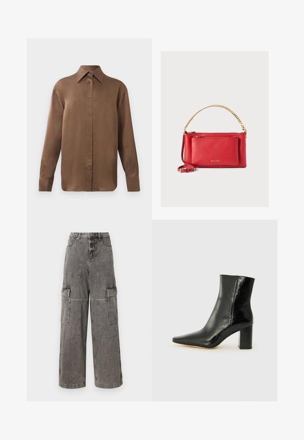 Smeđa košulja s dugim rukavima, s gumbima i šiljastim ovratnikom i manžetama, prikazana na jednostavnoj bijeloj pozadini.; Široke sive traperice cargo s višestrukim prednjim džepovima, ojačanim šavovima i visokim strukom.; Crne gležnjače od sjajne kože s uskim vrhom i masivnom, kvadratnom petom. Imaju glatku teksturu i minimalistički dizajn.; Crvena kožna torba s teksturiranom površinom, zlatnom lancem i remenom, prednjim džepom na zatvarač i utisnutim logom. Kompaktni i strukturirani dizajn.