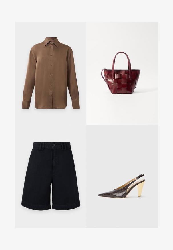 Cămașă lungă cu mânecă, de culoare maro, cu guler și manșete ascuțite, prezentată pe un fundal alb simplu.; Șorturi negre din denim cu un croi drept, prevăzute cu închidere prin nasture, bucle pentru centură și tivuri răsucite. Textură netedă cu detalii de cusătură subtile.; Pantofii cu vârf ascuțit, tip slingback, din piele sintetică lucioasă de crocodil maro închis. Include un toc geometric în nuanță de aur și o curea de gleznă ajustabilă.; Geantă de umăr din piele burgundă, țesută, cu două mânere scurte și o curea de umăr detașabilă. Prezintă o formă bine definită și o textură fină.