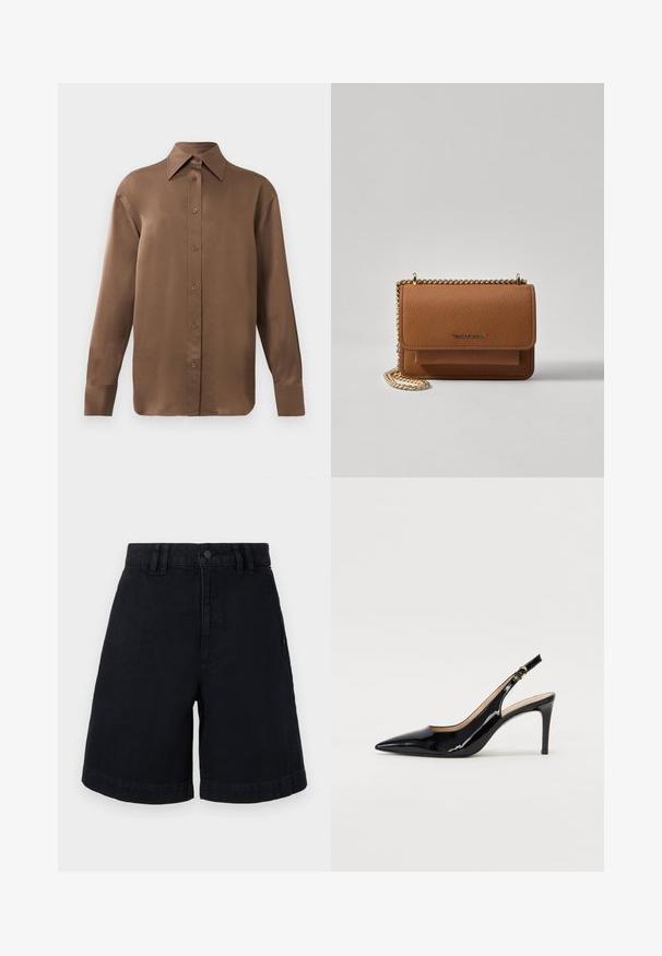 Braunes Langarmhemd mit Knopfverschluss, spitzem Kragen und Manschetten, vor einem schlichten weißen Hintergrund präsentiert.; Schwarze Denim-Shorts im geraden Schnitt mit Knopfverschluss, Gürtelschlaufen und umgeschlagenen Säumen. Glatte Textur mit dezenten Nähten.; Schwarz lackierte Slingback-Pumps mit spitzem Zehenbereich, schlankem Absatz und einem subtilen Ausschnittdesign. Verfügt über eine goldene Schnalle am Riemen.; Braune strukturierte Ledertasche mit goldener Kettenriemen und Klappenverschluss. Die Vorderseite zeigt ein Logo-Detail und eine Tasche unter der Klappe.