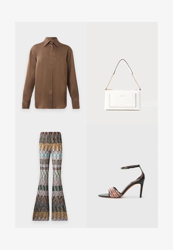 Camisa de botones de manga larga marrón con cuello y puños puntiagudos, exhibida sobre un fondo blanco liso.; Pantalones de punto acampanados con rayas horizontales multicolores en tonos tierra, que incluyen mostaza, verde azulado, marrón, negro, rosa y gris.; Sandalia negra con tacón y tira en el tobillo. Presenta una banda de tejido texturizado y multicolor en la parte delantera. Acabado de cuero suave.; Bolso de mano de cuero blanco con un acabado texturizado, que cuenta con una correa de cadena dorada y acentos negros. Incluye un bolsillo frontal y cierre de cremallera.