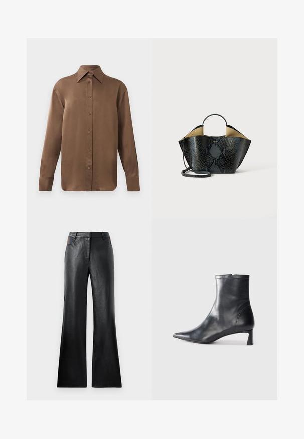 Ruda ilgų rankovių marškiniai su sagomis ir smailiais apykakle bei rankogaliais, išdėstyti prieš paprastą baltą foną.; Juodos odinės platėjančios kelnės su lygiu paviršiumi, su dviem priekinėmis kišenėmis ir juodais bei rudais akcentais ties juosmena.; Juodas odinis kulkšninis batas su smailiu pirštu ir elegantišku dizainu. Turi žemą kulną ir užtrauktuką gale. Lygi tekstūra.; Juodas ir pilkas gyvatės odos rašto rankinė su struktūrizuotu dizainu, dviem rankenomis ir reguliuojamu pečių diržu. Viduje yra smėlio spalvos interjeras.