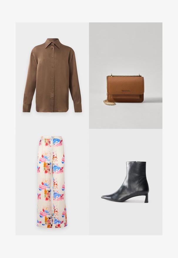 Brown long-sleeve button-up shirt with pointed collar and cuffs, displayed against a plain white background.; Wide-legged trousers in a cream fabric featuring a colorful watercolor pattern with pink, blue, and orange accents. Lightweight and breathable.; Black leather ankle boot with a pointed toe and a sleek design. Features a low heel and a zipper closure at the back. Smooth texture.; Brown textured leather crossbody bag with gold chain strap and flap closure. Front features logo detail and a pocket under the flap.