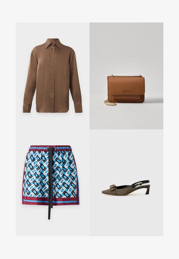 Rjav dolg rokav s srajco s gumbi in koničastimi ovratniki in manšetami, prikazana na enostavni beli podlagi.; Kratka krila z modro-črnim geometrijskim vzorcem, elastičen pas z vrvico in bordo obrobo na dnu.; Slingback pete s koničastim prstom, rjavo vzorčasto blago, podrobnost z zlatim sponko, črni usnjeni trak in kratek blokast peti.; Rjava teksturirana usnjena torba čez ramo z zlatim verižnim trakom in zapiranjem na pokrov. Spredaj je vidna podrobnost logotipa in žep pod pokrovom.