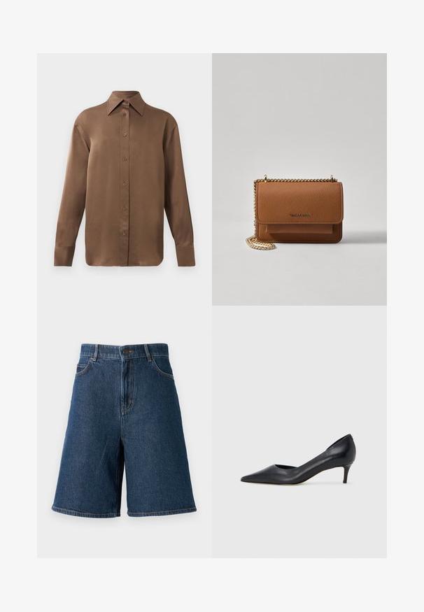 Cămașă lungă cu mânecă, de culoare maro, cu guler și manșete ascuțite, prezentată pe un fundal alb simplu.; Șorturi din denim bleu închis cu talie înaltă, cinci buzunare și croială dreaptă. Prezintă cusături vizibile și sistem de închidere cu un nasture frontal.; Pantof din piele neagră, cu vârf ascuțit și toc mic. Are o textură netedă și un luciu subtil. Decupaj deschis în partea din față pentru un detaliu suplimentar.; Geantă crossbody din piele texturată maro, cu curea din lanț aurit și închidere cu clapetă. Partea din față prezintă detalii cu logo și o buzunar sub clapetă.