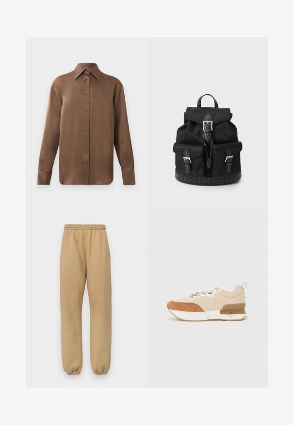 Kahvi pitkähihainen napitettava paita, jossa on terävä kaulus ja hihansuut, esillä yksinkertaisen valkoisen taustan edessä.; Kermanhousut beigen väriin, pehmeästä kankaasta valmistettu, joustava vyötärö ja hihnat, sivusaumat ja pieni logo vasemmassa reisissä.; Tennarit, joissa on vaaleanbeige kangas päällinen, ruskeat mokka-yksityiskohdat, valkoinen välikerros ja kumipohja, jossa on brändäysyksityiskohta.; Musta nailonireppu, jossa on kaksi etupuolen solkikoloa, yläkansi soljella ja kuvioitu pohja sekä reunadekorointi.