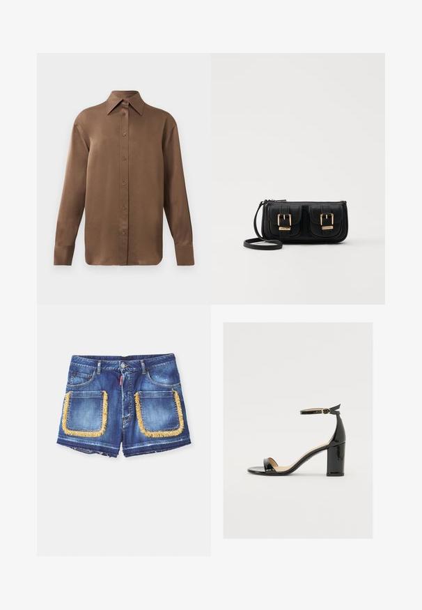 Hnědá košile s dlouhým rukávem, zapínaná na knoflíky, s špičatým límcem a manžetami, vystavená na jednobarevném bílém pozadí.; Modré džínové kraťasy v tmavě modré barvě s kapsami zdobenými třásněmi. Mají opotřebovaný lem, zapínání na knoflík a klasický design s pěti kapsami.; Černé lakované sandály s širokým podpatkem, otevřenou špičkou a řemínkem kolem kotníku se zlatou sponou. Hladký povrch a elegantní design.; Černá kožená crossbody taška se dvěma předními kapsami, zlatými přezkami, zipovým uzávěrem a štíhlým popruhem. Texturovaný povrch a kompaktní obdélníkový tvar.