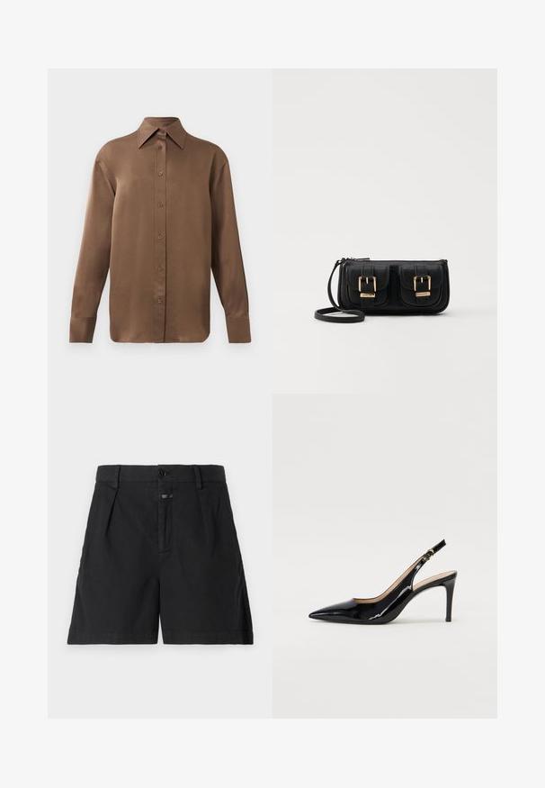Camicia marrone a maniche lunghe con bottone, colletto e polsini a punta, esposta su uno sfondo bianco uniforme.; CLOSED REVYL - Shorts di jeans - black; Pumps slingback in pelle verniciata nera con punta affilata, tacco sottile e un design con ritagli delicati. Caratterizzate da una fibbia dorata sul cinturino.; Borsa a tracolla nera in pelle con due tasche frontali, fibbie dorate, chiusura con zip e una tracolla sottile. Superficie texturizzata e forma rettangolare compatta.