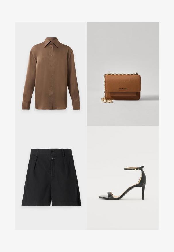 Camisa de botones de manga larga marrón con cuello y puños puntiagudos, exhibida sobre un fondo blanco liso.; CLOSED REVYL - Shorts vaqueros - black; Sándalo de tacón alto de piel negra con tiras en el tobillo. Presenta una textura suave, puntera abierta y un tacón delgado. Detalles de hebilla en tono dorado.; Bolso crossbody de cuero texturizado marrón con correa de cadena dorada y cierre de solapa. La parte frontal presenta un detalle de logo y un bolsillo debajo de la solapa.