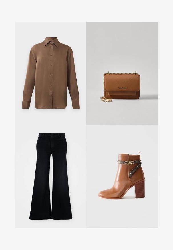 Ruda ilgų rankovių marškiniai su sagomis ir smailiais apykakle bei rankogaliais, išdėstyti prieš paprastą baltą foną.; Iki kelių platėjantys juodi džinsai, pagaminti iš džinsinio audinio, su aukštu liemeniu, mygtuko užsegimu ir plačiomis kojomis, kurių apvadas tvarkingas.; Ruda odinė kulkšninė batai su sluoksniuoto blokinio kulno, šonine dirželiu su auksiniais skaidriomis ir auksiniu "MK" logotipo sagtimi.; Ruda tekstūruota odinė per petį nešama rankinė su auksiniu grandininiu dirželiu ir užlenkiamo užsegimo. Priekinėje pusėje yra logotipo detalė ir kišenė po užlenkimu.