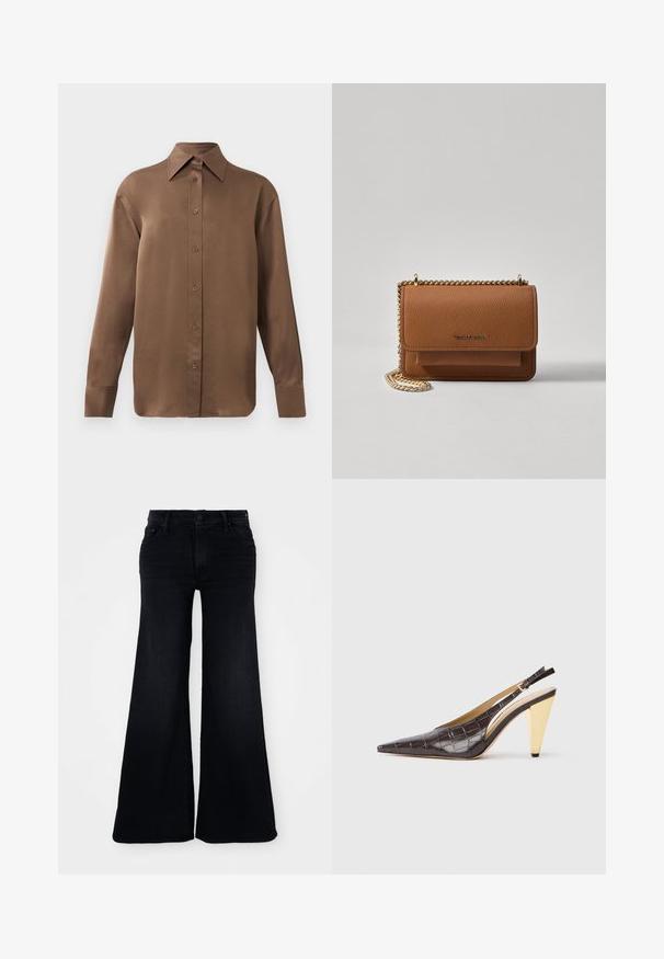 Brūns garās piedurknes pogājamais krekls ar norādītu apkakli un aprocēm, izlikts pret vienkāršu baltu fonu.; Plašas melnas džinsi, izgatavoti no denima, ar augstu jostasvietu, pogu aizdari un platām kājām ar tīru apdari pie apakšmalas.; Garinātā pīsma zole ar atvērtiem papēžiem, tumši brūnā spīdīgā mākslīgā krokodila ādā. Iezīmējas ar zelta krāsas ģeometrisku papēdi un regulējamu potītes jostu.; Brūna teksturēta ādas plecu soma ar zelta ķēdes siksnu un atloka aizdari. Priekšpusē ir logotipa detaļa un kabata zem atloka.