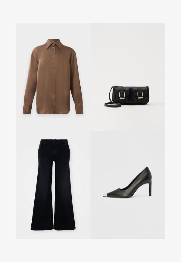 Brown long-sleeve button-up shirt with pointed collar and cuffs, displayed against a plain white background.; Flared black jeans made of denim, featuring a high waist, button closure, and wide legs with a clean edge at the hem.; Black leather high heel shoe with a pointed toe and a metallic silver cap. Features a smooth finish and a slender 10 cm heel.; Black leather crossbody bag with two front pockets, gold buckles, zipper closure, and a slim strap. Textured surface and compact rectangular shape.