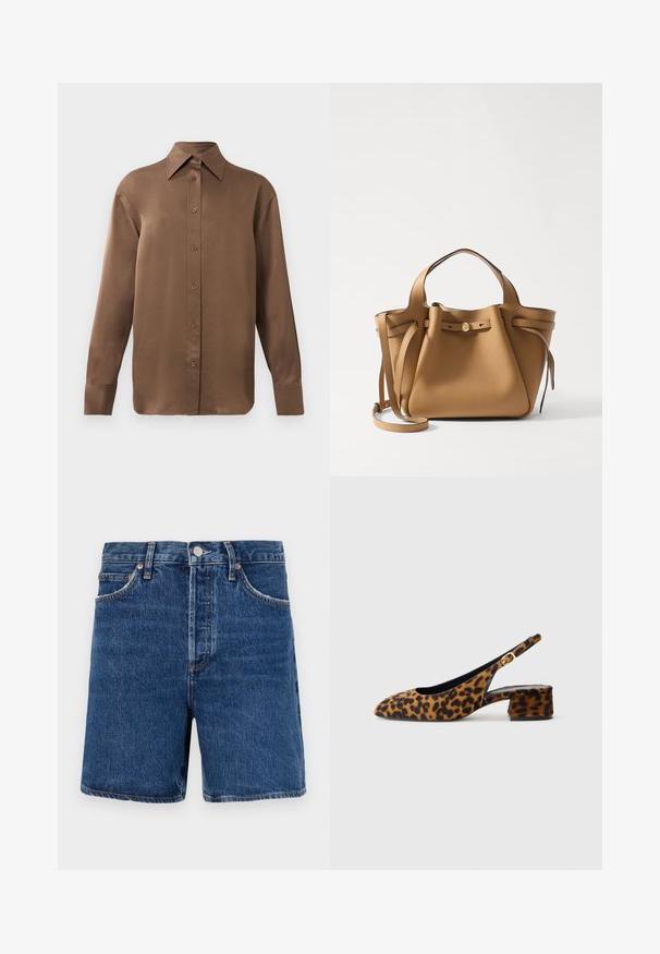 Brown long-sleeve button-up shirt with pointed collar and cuffs, displayed against a plain white background.; Denim shorts in dark blue with a classic cut, featuring five pockets, a button closure, and contrasting orange stitching details.; Women's leopard print slingback shoe with low block heel and gold buckle on side strap, shown in side profile on plain background.; Tory Burch ROMY PEBBLED SATCHEL - Handbag - tiramisu
