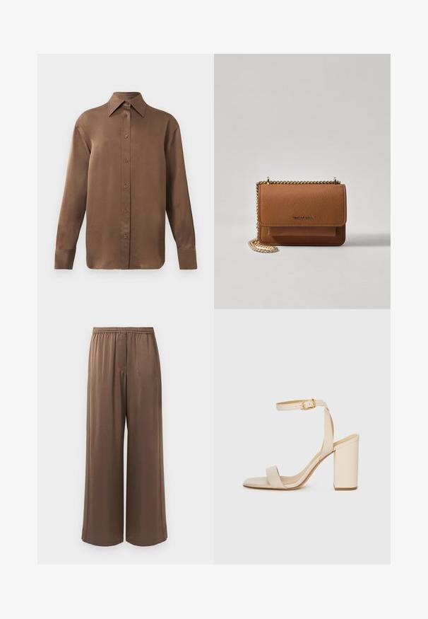 Rjav dolg rokav s srajco s gumbi in koničastimi ovratniki in manšetami, prikazana na enostavni beli podlagi.; Rjave široke hlače z elastičnim pasom in gladkim materialom, prikazane na enobarvnem belem ozadju.; Bež visoke sandale s kvadratnim nosom, tankim trakicama okoli gležnja in blok peto. Gladka usnjena tekstura s podrobnostjo v zlati barvi.; Rjava teksturirana usnjena torba čez ramo z zlatim verižnim trakom in zapiranjem na pokrov. Spredaj je vidna podrobnost logotipa in žep pod pokrovom.