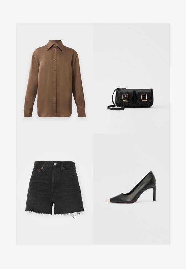 Barna, hosszúujjú, gombos ing, hegyes gallérral és mandzsettákkal, egyszerű fehér háttér előtt kiemelve.; Fekete farmer rövidnadrág magas derékkal, rojtos szegéllyel és réztonos szegecsekkel. Klasszikus öt zsebes kialakítással és gombos záródással rendelkezik.; Fekete bőr magas sarkú cipő hegyes orral és fém ezüst orrtippel. Simább kivitelű, karcsú, 10 cm-es sarokkal.; Fekete bőr keresztbody táska két elülső zsebbel, arany csattokkal, cipzáras záródással és vékony pánttal. Textúrált felület és kompakt téglalap alak.