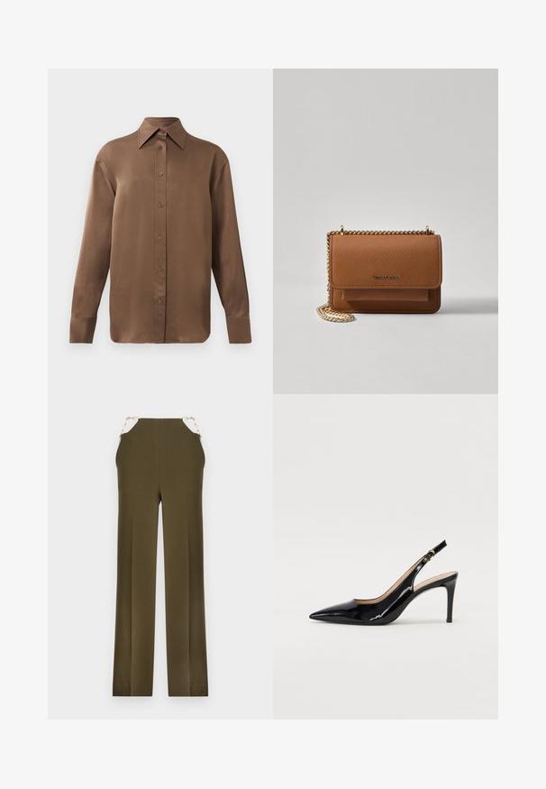 Brown long-sleeve button-up shirt with pointed collar and cuffs, displayed against a plain white background.; Olive green wide-leg pants made from smooth fabric, featuring gold chain accents on the waistband. Straight cut with a clean finish.; Black patent leather slingback pump with pointed toe, slim heel, and a subtle cutout design. Features a gold buckle on the strap.; Brown textured leather crossbody bag with gold chain strap and flap closure. Front features logo detail and a pocket under the flap.