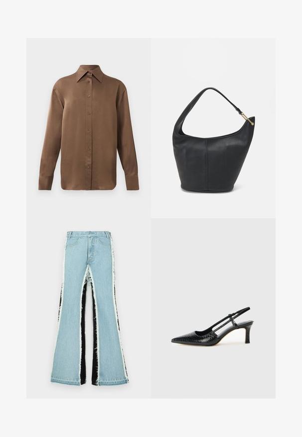 Hnědá košile s dlouhým rukávem, zapínaná na knoflíky, s špičatým límcem a manžetami, vystavená na jednobarevném bílém pozadí.; Světlé modré rozšířené džíny s černými bočními panely, roztrhanými okraji a vysokým pasem. Obsahují standardní kapsy a tunýlky na opasek.; Černé lakované slingback podpatky s špičatou špičkou, zdobené texturovaným hadím vzorem, nastavovacím páskem a krátkým texturovaným blokovým podpatkem.; Černá kožená kabelka zaobleného tvaru, s širokým popruhem a texturovaným povrchem. Obsahuje jemné švy a akcenty ve zlatém tónu.
