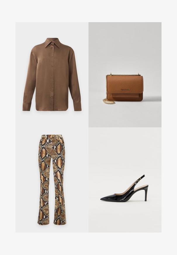 Pruun pikkade varrukatega nööbitav särk terava krae ja mansettidega, esitatud lihtsa valge tausta ees.; Roberto Cavalli TROUSERS - Liibuvad teksad - brown; Must hõbedavärvi patendiga slingback kontsakingad terava varbaga, kitsas konts ja peene lõikega disain. Statistika on kuldne pandla rihmal.; Pruun tekstureeritud nahk ristkeha kott kuldse ahelaga rihmaga ja klapiga sulgemine. Esiküljel on logo detail ja tasku klapi all.