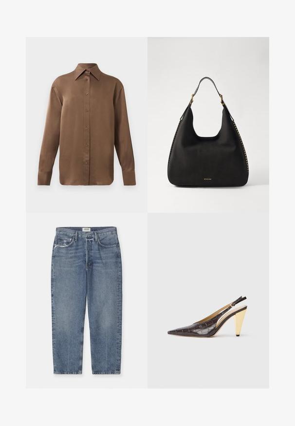 Brūns garās piedurknes pogājamais krekls ar norādītu apkakli un aprocēm, izlikts pret vienkāršu baltu fonu.; Gaiši zili augsto jostasvietu džinsi, kas izgatavoti no denima, ar taisnu kāju griezumu, nolietotām akcentiem un klasisko piecu kabatu dizainu.; Garinātā pīsma zole ar atvērtiem papēžiem, tumši brūnā spīdīgā mākslīgā krokodila ādā. Iezīmējas ar zelta krāsas ģeometrisku papēdi un regulējamu potītes jostu.; MICHAEL Michael Kors NOLITA HOBO  - Rokassoma - black