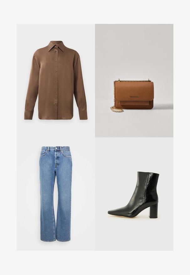 Cămașă lungă cu mânecă, de culoare maro, cu guler și manșete ascuțite, prezentată pe un fundal alb simplu.; Jeans decolorate, cu talie înaltă, cu o croială dreaptă și largă. Prezintă cusături clasice din denim și cinci buzunare. Textură netedă.; Botine negre din piele lucioasă, cu vârful ascuțit și un toc pătrat masiv. Au o textură netedă și un design minimalist.; Geantă crossbody din piele texturată maro, cu curea din lanț aurit și închidere cu clapetă. Partea din față prezintă detalii cu logo și o buzunar sub clapetă.