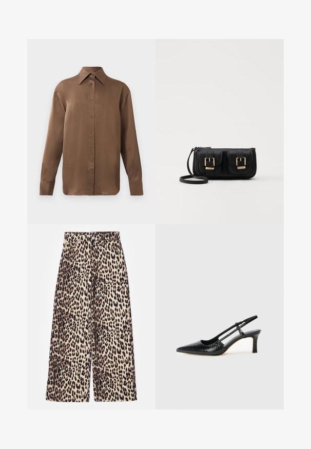 Camisa branca de mangas longas com botões e colarinho pontudo, exibida contra um fundo branco liso.; Calças largas com padrão de leopardo, feitas de uma mistura de algodão. Apresentam uma cintura alta, fecho de botão e bolsos frontais. A paleta de cores inclui bege e preto.; Salto slingback em patente preta com bico apontado, apresentando um padrão de pele de cobra texturizado, tira ajustável e um salto bloco curto e texturizado.; Bolsa de ombro em couro preto com dois bolsos frontais, fivelas douradas, fecho de zíper e uma alça fina. Superfície texturizada e forma retangular compacta.