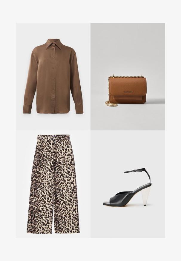 Barna, hosszúujjú, gombos ing, hegyes gallérral és mandzsettákkal, egyszerű fehér háttér előtt kiemelve.; Leopárdmintás, bőszárú nadrág pamut keverékből. Magas derekú, gombos záródással és elülső zsebekkel rendelkezik. Színpalettája bézs és fekete.; Fekete bőr magassarkú szandál nyitott orral, aszimmetrikus dizájnnal, bokapánttal és fémes kúpos sarokkal. Az anyag sima textúrájú.; Barna textúrájú bőr keresztbody táska arany lánc pánttal és fedélzárral. Az elején logó részlet és egy zseb található a fedél alatt.