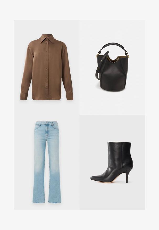 Brūns garās piedurknes pogājamais krekls ar norādītu apkakli un aprocēm, izlikts pret vienkāršu baltu fonu.; Gaišzili bikses ar platām kājām, izgatavotas no denima, ar augstu jostasvietu, piecu kabatu dizainu un izbalējušu apdari, lai radītu nostalģisku efektu.; Melnas ādas potītes zābaki ar norādītu pirkstu, šauru stiletto papēdi un gludu tekstūru. Minimalistiska dizaina, bez redzamām detaļām vai akcentiem.; Melnas ādas spainīša somas ar teksturētu apdari, zelta metāla aksesuāriem un atvērtu augšu. Piedāvā īsu rokturi un regulējamu plecu siksnu.