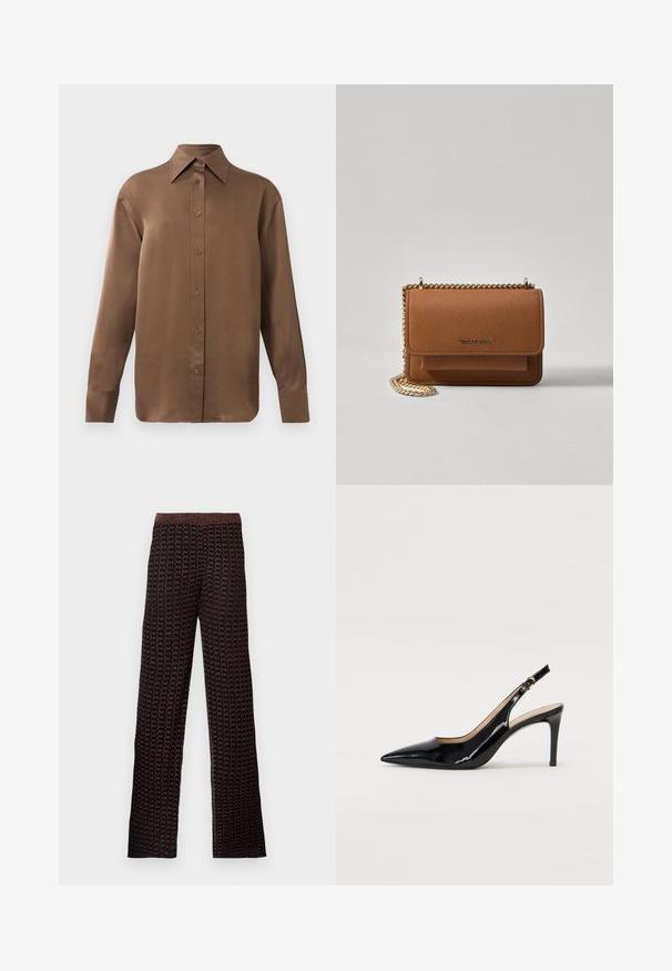 Braunes Langarmhemd mit Knopfverschluss, spitzem Kragen und Manschetten, vor einem schlichten weißen Hintergrund präsentiert.; Schwarze weit geschnittene Hosen mit einem strukturierten Muster in rot- und bronzetönen, ausgestattet mit einem dehnbaren Bund und lockerer Passform.; Schwarz lackierte Slingback-Pumps mit spitzem Zehenbereich, schlankem Absatz und einem subtilen Ausschnittdesign. Verfügt über eine goldene Schnalle am Riemen.; Braune strukturierte Ledertasche mit goldener Kettenriemen und Klappenverschluss. Die Vorderseite zeigt ein Logo-Detail und eine Tasche unter der Klappe.