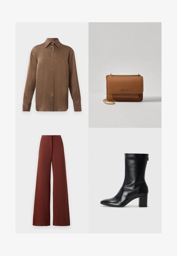 Cămașă lungă cu mânecă, de culoare maro, cu guler și manșete ascuțite, prezentată pe un fundal alb simplu.; Pantaloni largi dintr-un material roșu închis, cu închidere prin nasture și detalii cu fundă în față. Textură netedă cu o siluetă fluidă.; Botină din piele neagră, cu vârf ascuțit și toc bloc de 4 cm. Design elegant, cu un fermoar lateral pentru o îmbrăcare ușoară. Textură netedă.; Geantă crossbody din piele texturată maro, cu curea din lanț aurit și închidere cu clapetă. Partea din față prezintă detalii cu logo și o buzunar sub clapetă.