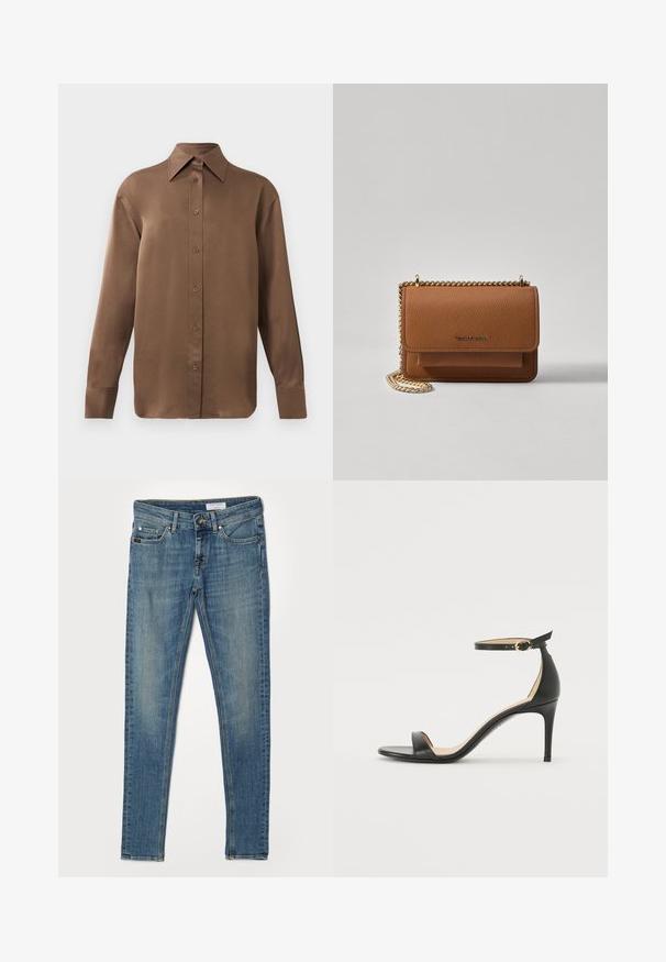 Smeđa košulja s dugim rukavima, s gumbima i šiljastim ovratnikom i manžetama, prikazana na jednostavnoj bijeloj pozadini.; Uske traperice u svijetloplavom denimu. Ima pet džepova, patentni zatvarač i kontrastno žutu šavnu obrubu na šavovima i džepovima.; Crne kožne sandale na visokom potpeticu s remenom oko gležnja. Imaju glatku teksturu, otvoreni prst i tanku potpeticu. Detalj s kopčom u zlatnoj boji.; Smeđa kožna torba preko tijela s teksturom, zlatnim lančićem i preklopom na zatvaranju. Na prednjoj strani nalazi se detalj s potpisom i džep ispod preklopa.