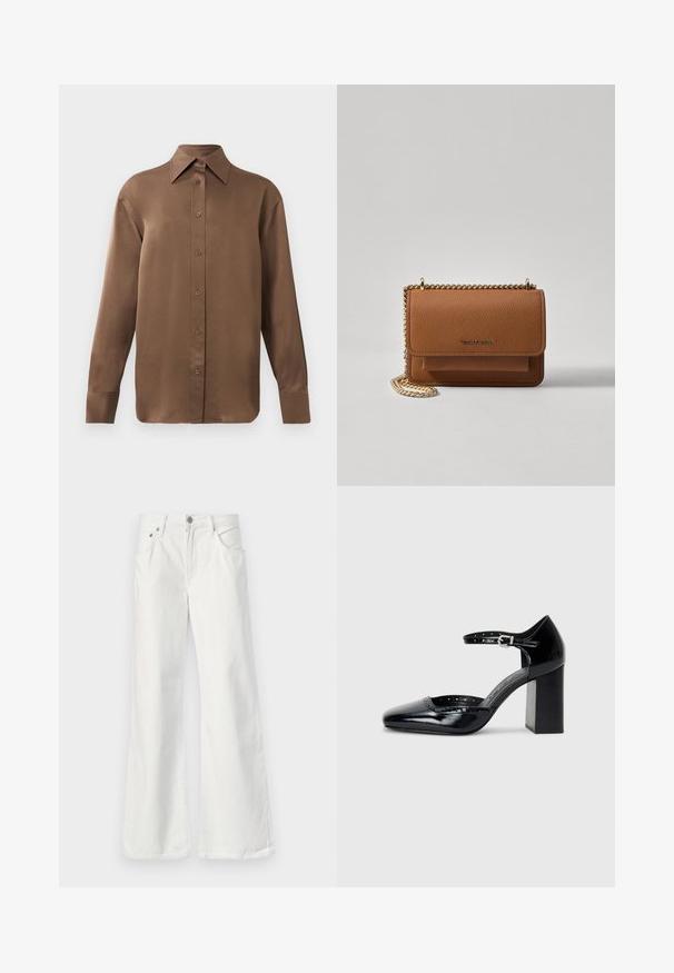 Barna, hosszúujjú, gombos ing, hegyes gallérral és mandzsettákkal, egyszerű fehér háttér előtt kiemelve.; Fehér farmer anyagú, harangszárú nadrág magas derékkal, öt zsebes kivitelben és látható varrással. Fém gombbal és cipzárral záródik.; Fekete patent bőr, magas sarkú cipők négyzetes orral, bokapánttal és vastag sarkal. A szélén lyukacsos díszítéssel.; Barna textúrájú bőr keresztbody táska arany lánc pánttal és fedélzárral. Az elején logó részlet és egy zseb található a fedél alatt.