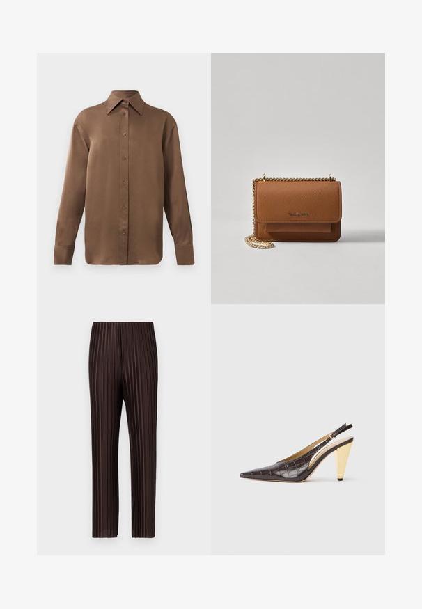 Chemise marron à manches longues avec un col et des poignets pointus, présentée sur un fond blanc uni.; Pantalon plissé marron avec une taille élastique, présentant des lignes verticales, une coupe droite et une texture légère et fluide.; Talons slingback à bout pointu en simili cuir crocodile marron foncé brillant. Présente un talon géométrique doré et une sangle ajustable à la cheville.; Sac en cuir texturé marron en bandoulière avec une sangle en chaîne dorée et une fermeture à rabat. L'avant présente un détail de logo et une poche sous le rabat.