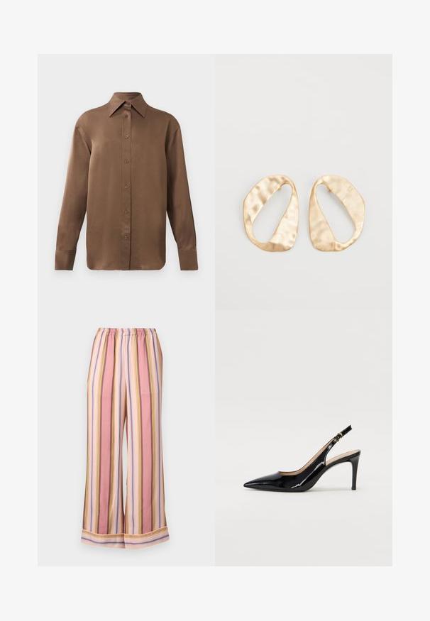 Brown long-sleeve button-up shirt with pointed collar and cuffs, displayed against a plain white background.; Striped pajama pants featuring an elastic waistband, wide legs, and alternating pink, lavender, and yellow stripes with a smooth texture.; Black patent leather slingback pump with pointed toe, slim heel, and a subtle cutout design. Features a gold buckle on the strap.; Pair of irregular oval-shaped gold-toned metal earrings with a textured, slightly hammered surface on a white background.