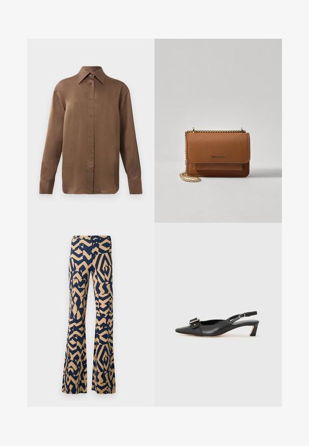 Smeđa košulja s dugim rukavima, s gumbima i šiljastim ovratnikom i manžetama, prikazana na jednostavnoj bijeloj pozadini.; Hlače s širokim donjim dijelom i geometrijskim uzorkom u tamnoplavoj i bež boji. Izrađene od mekane tkanine, s visokim strukom i širokim nogavicama.; Crne kožne sandale s remenčićem i šiljastim vrhom, malim potpeticama i dekorativnom kopčom na gornjem dijelu. Glatka tekstura, minimalistički dizajn.; Smeđa kožna torba preko tijela s teksturom, zlatnim lančićem i preklopom na zatvaranju. Na prednjoj strani nalazi se detalj s potpisom i džep ispod preklopa.
