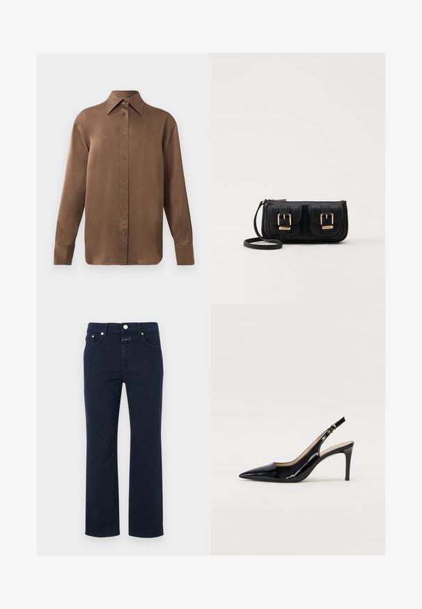 Hnědá košile s dlouhým rukávem, zapínaná na knoflíky, s špičatým límcem a manžetami, vystavená na jednobarevném bílém pozadí.; Námořnické modré bavlněné džíny se rovný střih, obsahující pět kapes, zipový límec a kovové zapínání. Hladká textura se švy.; Černé lakované slingback lodičky s špičatou špičkou, úzkým podpatkem a jemným výřezem. Obsahují zlatou sponu na řemínku.; Černá kožená crossbody taška se dvěma předními kapsami, zlatými přezkami, zipovým uzávěrem a štíhlým popruhem. Texturovaný povrch a kompaktní obdélníkový tvar.