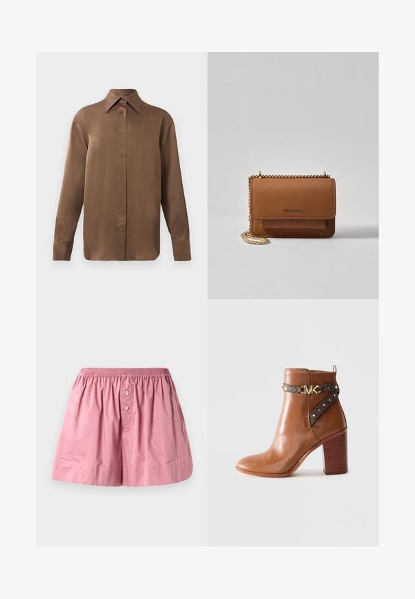 Ruda ilgų rankovių marškiniai su sagomis ir smailiais apykakle bei rankogaliais, išdėstyti prieš paprastą baltą foną.; Rožinės medvilnės miego šortai su elastine juostele, dviem priekiniais mygtukais ir laisvu siluetu. Medžiaga glotni, su šiek tiek raukšlėtu paviršiumi.; Ruda odinė kulkšninė batai su sluoksniuoto blokinio kulno, šonine dirželiu su auksiniais skaidriomis ir auksiniu "MK" logotipo sagtimi.; Ruda tekstūruota odinė per petį nešama rankinė su auksiniu grandininiu dirželiu ir užlenkiamo užsegimo. Priekinėje pusėje yra logotipo detalė ir kišenė po užlenkimu.