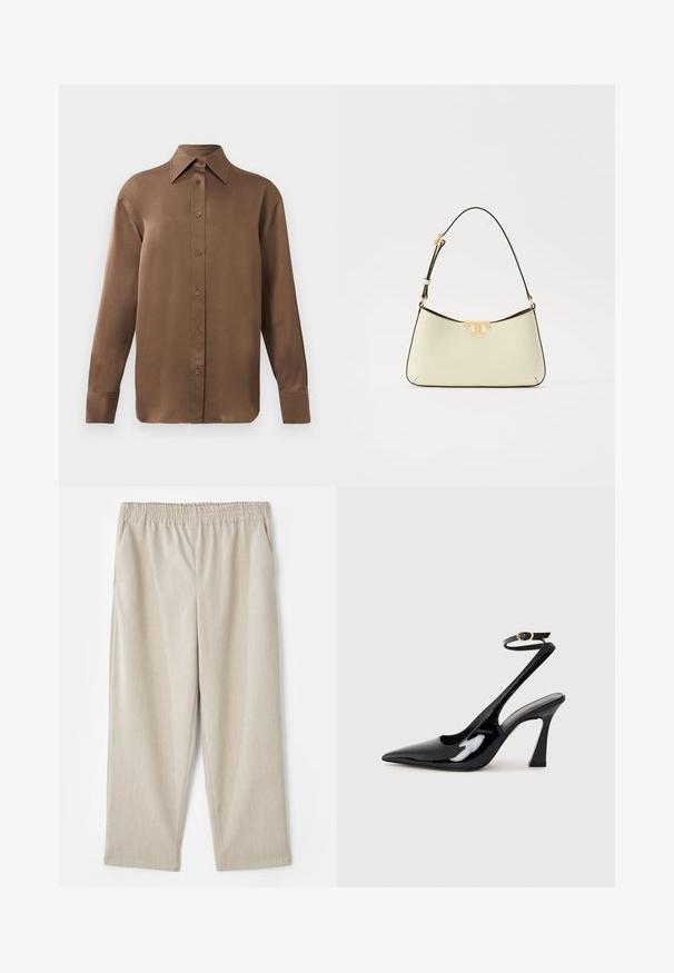 Barna, hosszúujjú, gombos ing, hegyes gallérral és mandzsettákkal, egyszerű fehér háttér előtt kiemelve.; Beige, könnyű nadrág, amely texturált szövetből készült. Rugalmas derékkal és oldalsó zsebekkel rendelkezik, egyenes szárú kivitelben.; Fekete lakk bőrből készült, slingback magas sarkú cipők, hegyes orral, állítható bokapánttal és mérsékelt tömbsarkal. Simább textúra, fényes felület.; Krém színű bőrtáska ívelt formával. Aranyszínű logó díszítéssel és vékony, állítható sötét pánttal rendelkezik.
