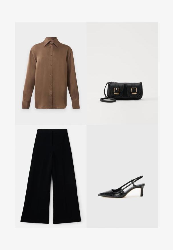 Rjav dolg rokav s srajco s gumbi in koničastimi ovratniki in manšetami, prikazana na enostavni beli podlagi.; Široke črne hlače z gladko teksturo, ravnim pasom in vertikalnim šivom. Zasnovane so za prostoren kroj.; Črne lakaste slingback pete s koničastim nosom, ki imajo teksturiran vzorec kačje kože, nastavljiv trak in kratek teksturiran blok peto.; Črna usnjena torbica čez ramo z dvema sprednjima žepoma, zlatimi zaponkami, zadrgo in ozkim pasom. Tekstura površine je strukturirana, obliko pa ima kompaktno pravokotno.